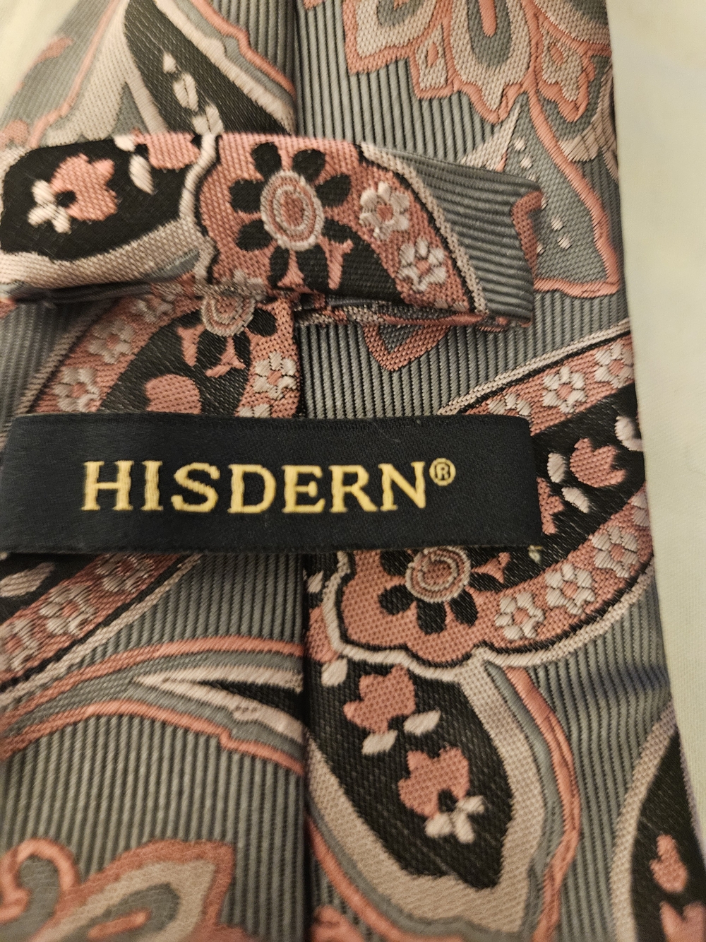HISDERN Gray and Pink Paisley Silk-Blend Tie